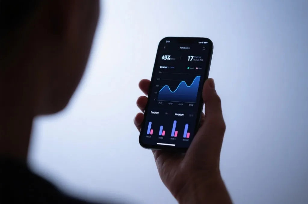 A person holding a modern smartphone in hand, displaying a clean dark-themed user interface with abstract sports statistics charts, soft background lighting