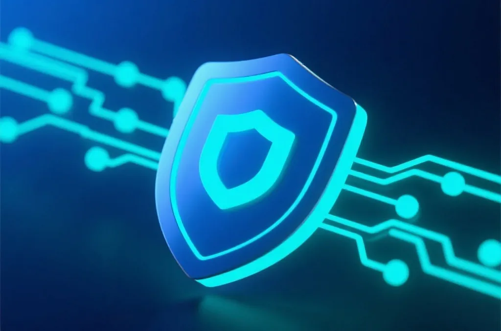 Abstract 3D digital security concept with a glowing shield icon and clean network data streams