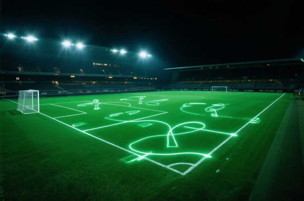 A generic soccer pitch at night under stadium lights with abstract tactical lines